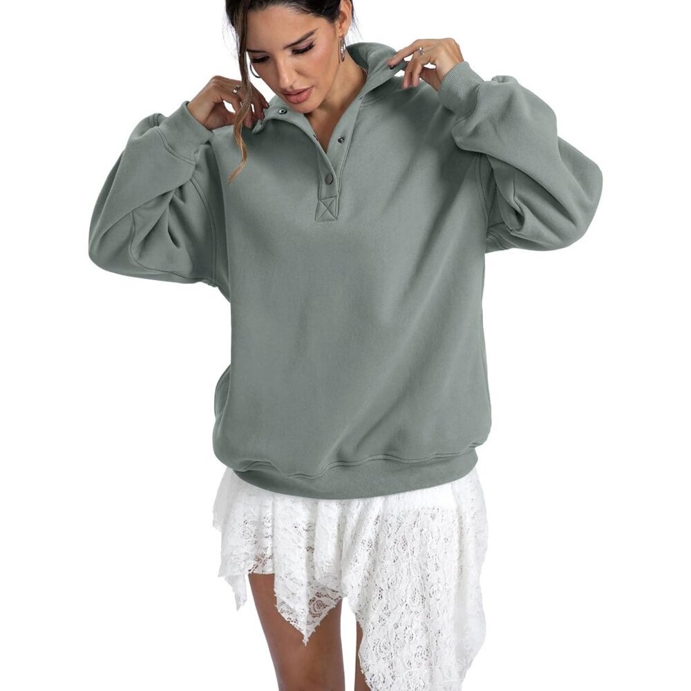 Women's Dark Green Sweatshirts Trendy Tops Fleece Henley Neck Long Sleeve Button - Picture 6 of 6